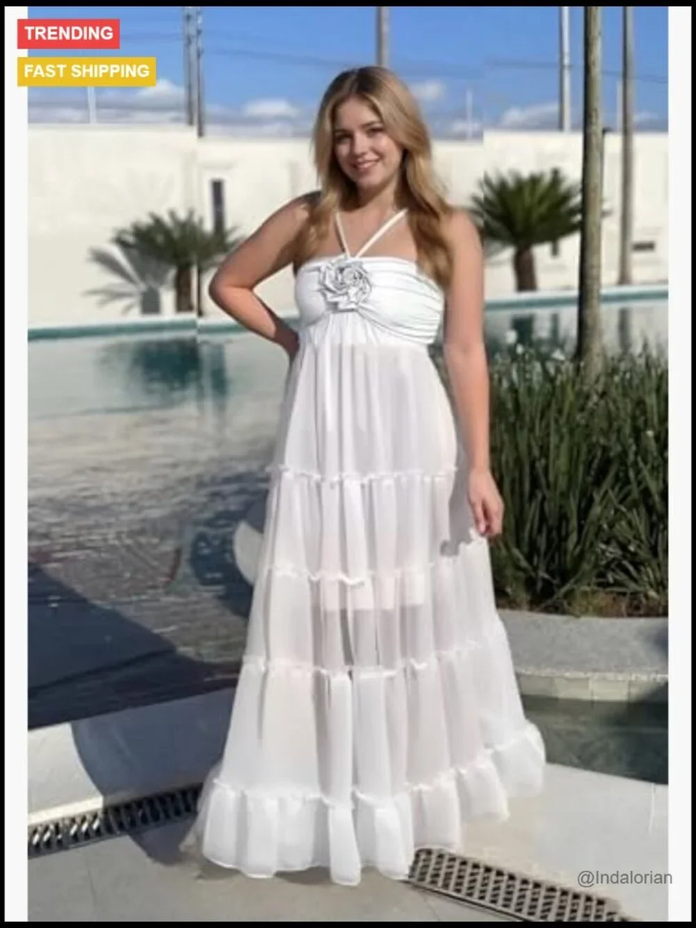Polyester Spandex Maxi Dress with 3D Flower Embellishments